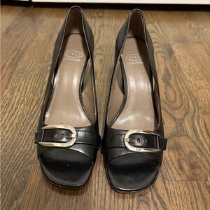 Joan & David Black Peep-Toe Heels with Buckle